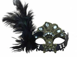 Lace Rhinestone Mask Ostrich Feather On Side - Black