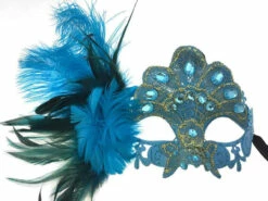 Lace Rhinestone Mask Ostrich Feather On Side - Sky Blue