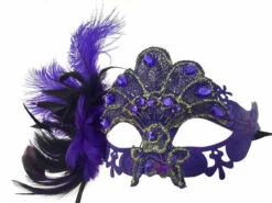 Lace Rhinestone Mask Ostrich Feather On Side -Purple