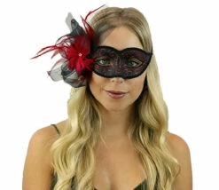 Mask With Feather And Veil - Red